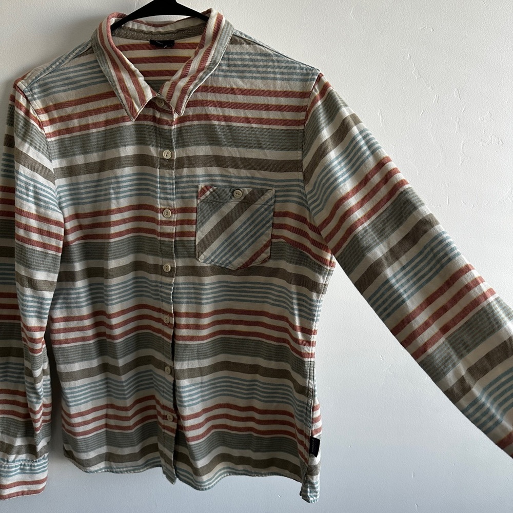 Patagonia Women’s Heywood Flannel Shirt Pinyon Stripe Toasted White Size 8 - Picture 3 of 6